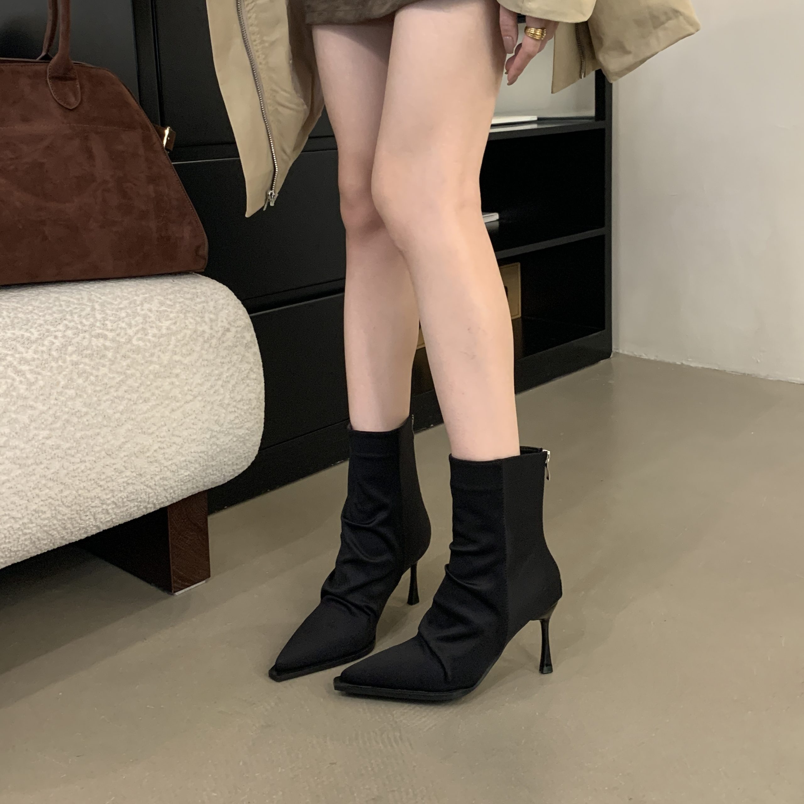 BUBUFLY 2024 New Pointed Toe High Heel Stretch Boots Women's Faux Suede Ankle Boots