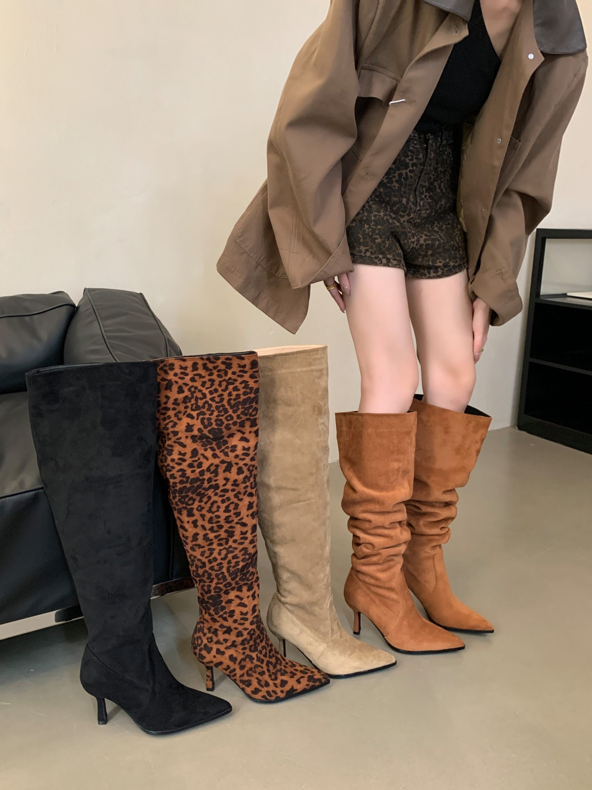 BUBUFLY Women's Over Knee High Boots Pointed Toe Stiletto Heel Slim Fit Stretch Suede Fashion Boots