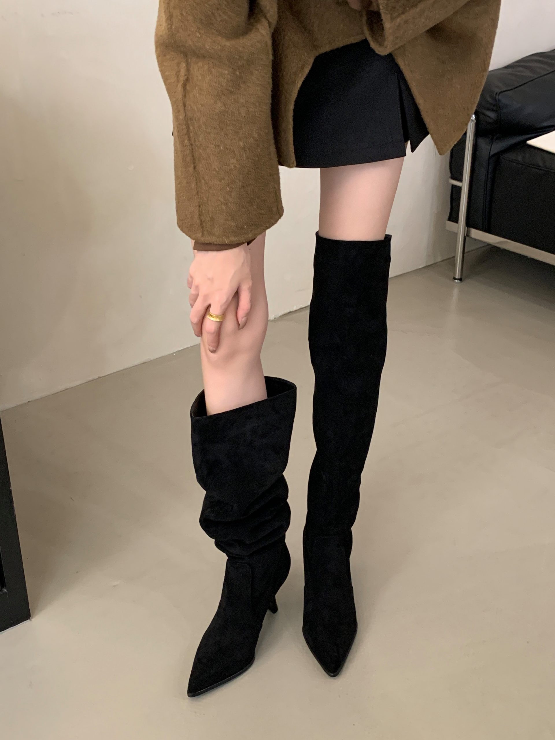 BUBUFLY Women's Over Knee Boots Pointed Toe Slim Fit Stretch Suede High Heel Tall Boots Fall 2024