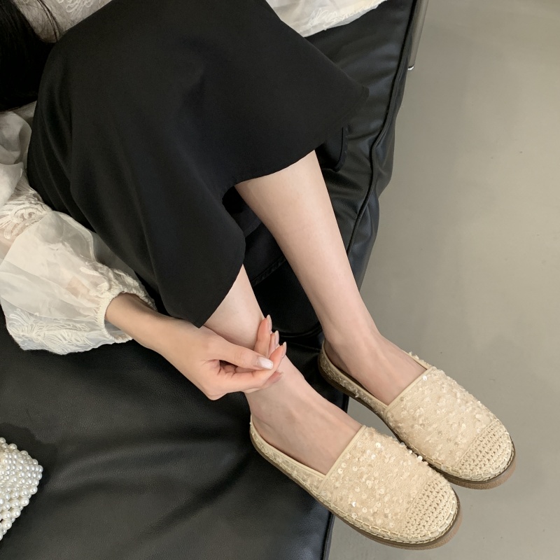 Baotou Half Slippers Women Summer Sequined Flat Shoes Fairy Style Lazy One Step Mule Straw Weave Fisherman Shoes
