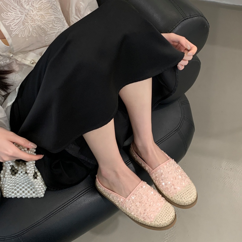 Baotou Half Slippers Women Summer Sequined Flat Shoes Fairy Style Lazy One Step Mule Straw Weave Fisherman Shoes