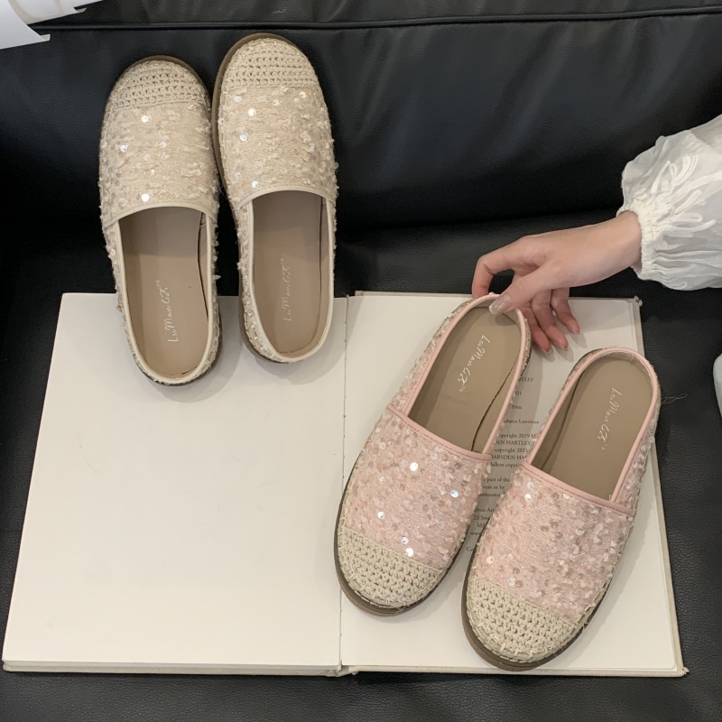 Baotou Half Slippers Women Summer Sequined Flat Shoes Fairy Style Lazy One Step Mule Straw Weave Fisherman Shoes