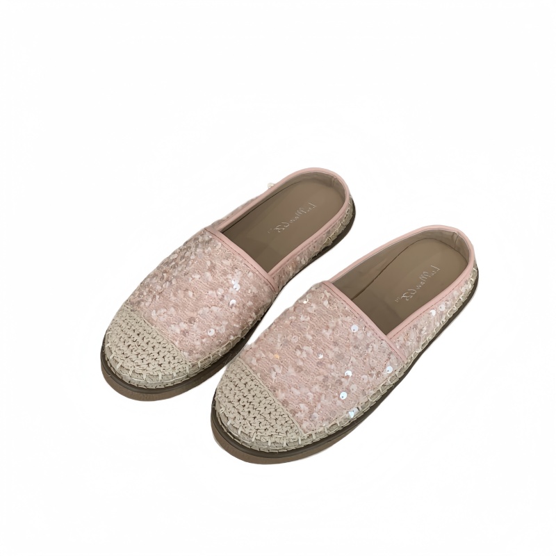 Baotou Half Slippers Women Summer Sequined Flat Shoes Fairy Style Lazy One Step Mule Straw Weave Fisherman Shoes