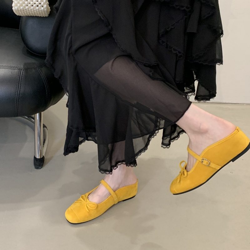 Baotou Half Slippers for Women Height Increasing 2025 Spring Summer New Style Square Toe Bow Low Heel Lazy Mule Slippers