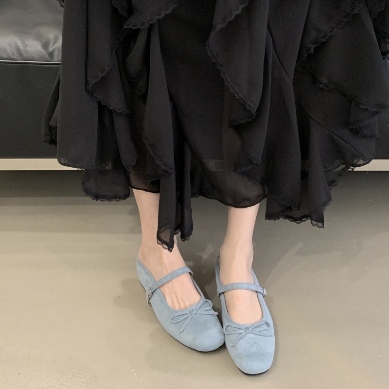 Baotou Half Slippers for Women Height Increasing 2025 Spring Summer New Style Square Toe Bow Low Heel Lazy Mule Slippers