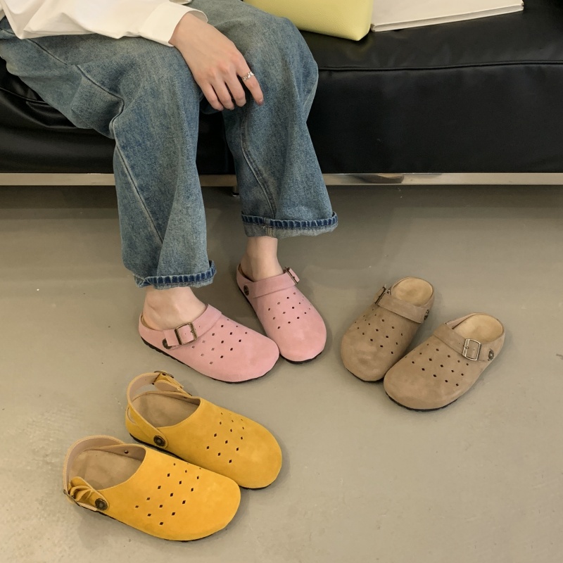 Retro Forest Hollow Breathable Closed Toe Half Slippers for Women Summer Slip On Thick Sole Ugly Cute Genuine Leather Birkenstock Shoes