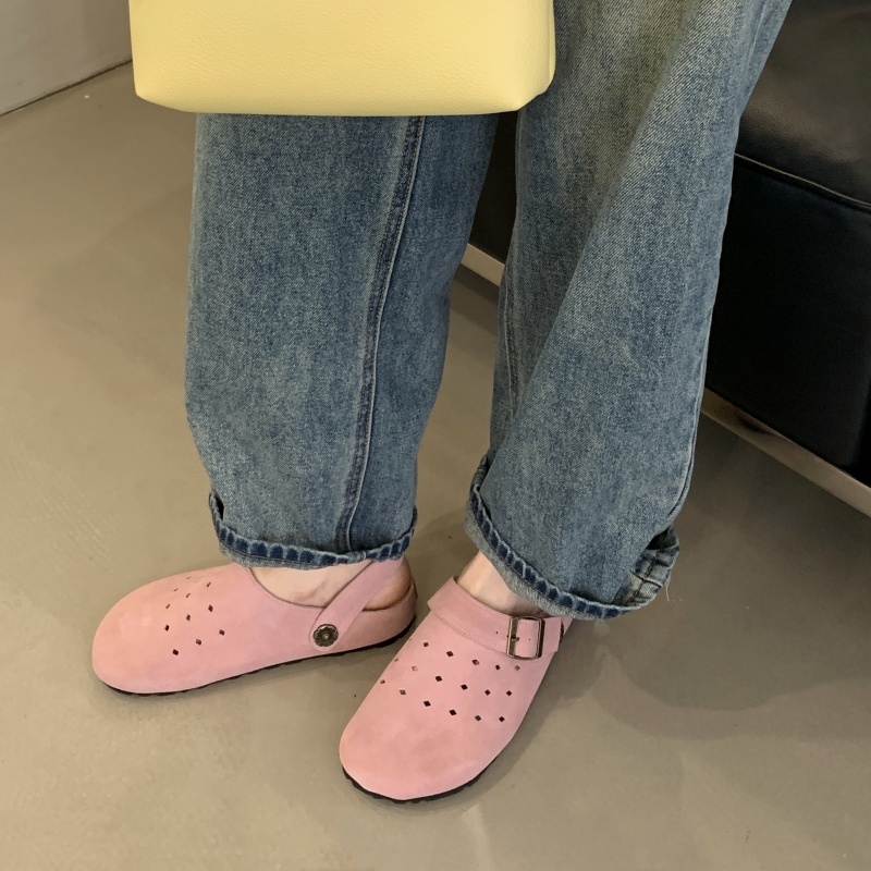 1743912358019_17951.jpg Retro Forest Hollow Breathable Closed Toe Half Slippers for Women Summer Slip On Thick Sole Ugly Cute Genuine Leather Birkenstock Shoes