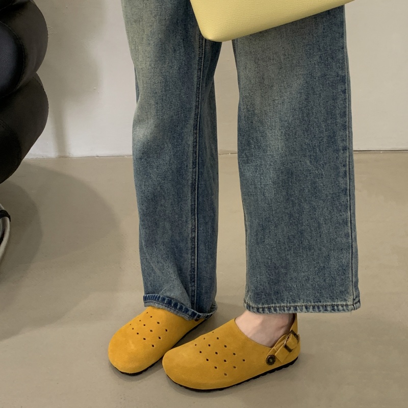 1743912362500_511838.jpg Retro Forest Hollow Breathable Closed Toe Half Slippers for Women Summer Slip On Thick Sole Ugly Cute Genuine Leather Birkenstock Shoes