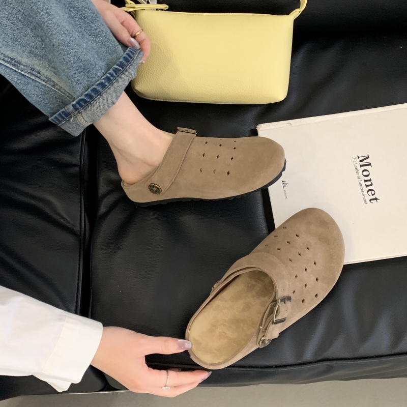 1743912368219_61844.jpg Retro Forest Hollow Breathable Closed Toe Half Slippers for Women Summer Slip On Thick Sole Ugly Cute Genuine Leather Birkenstock Shoes