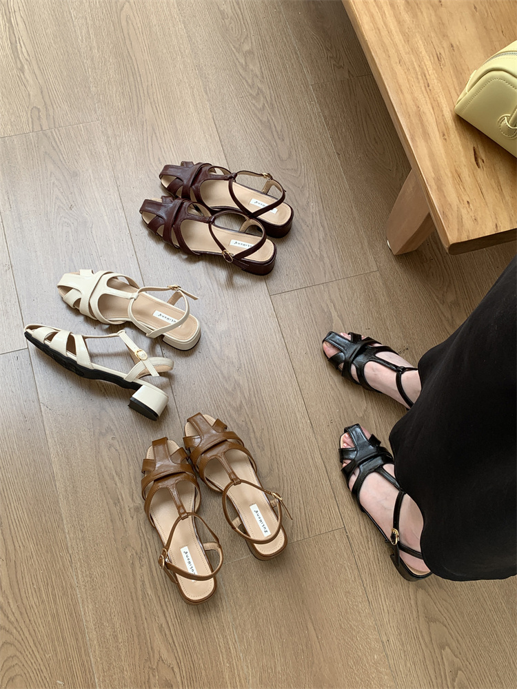 Korean Style Hollow Woven Peep Toe Sandals for Women 2025 Spring Summer Comfortable Chunky Heel Mary Jane Shoes with Ankle Strap