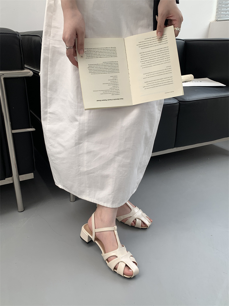 Korean Style Hollow Woven Peep Toe Sandals for Women 2025 Spring Summer Comfortable Chunky Heel Mary Jane Shoes with Ankle Strap