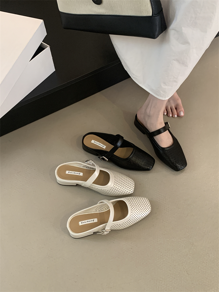2025 Summer New Forest Style Closed Toe Half Slippers Women's Slip On Chunky Heel Hollow Hole Sandals Flat Shoes