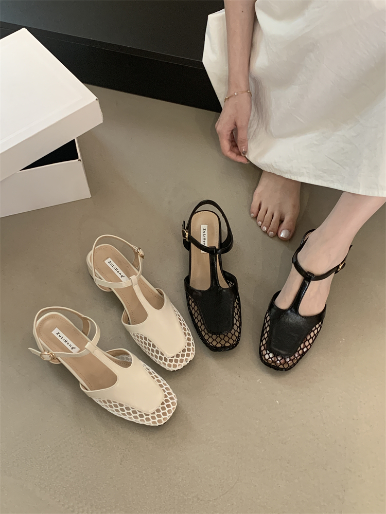 1750146703830_gwnLXK.jpg 2025 Summer New Woven Hollow Square Toe Sandals Women's Chunky Heel T-Strap Mary Jane Mid Heel Shoes