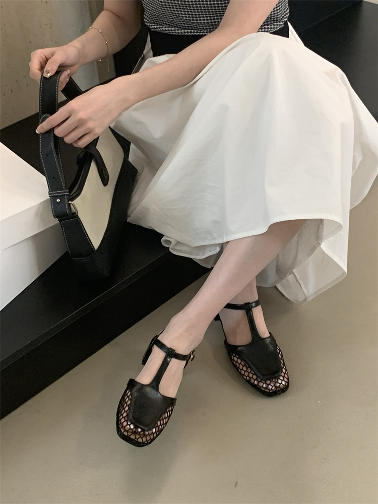2025 Summer New Woven Hollow Square Toe Sandals Women's Chunky Heel T-Strap Mary Jane Mid Heel Shoes