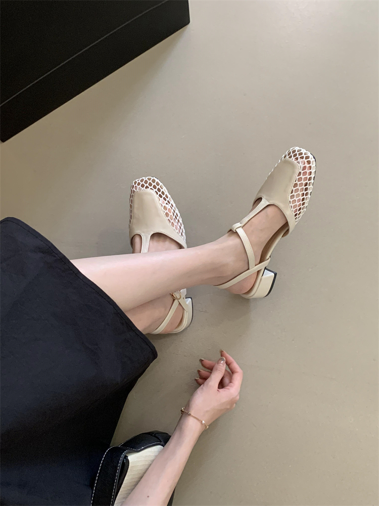 2025 Summer New Woven Hollow Square Toe Sandals Women's Chunky Heel T-Strap Mary Jane Mid Heel Shoes