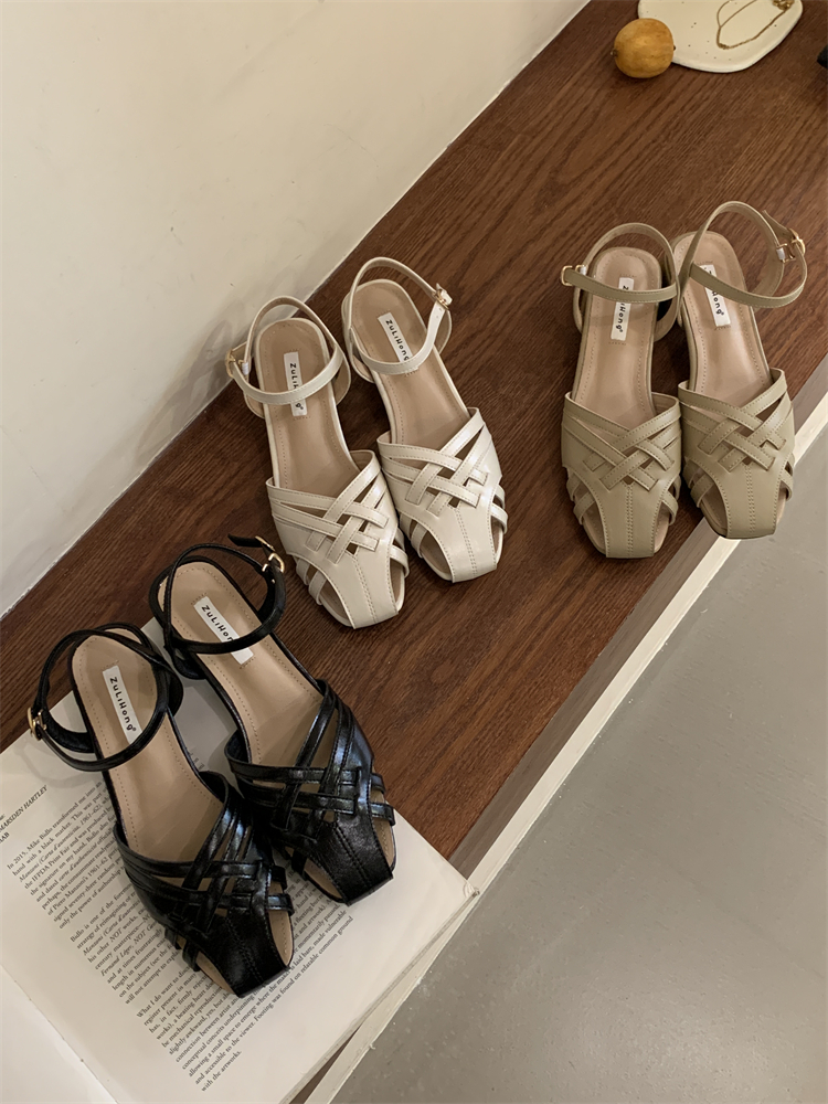 French Retro Woven Mary Jane Sandals for Women Summer Soft Chunky Heel Boho Vacation Roman Shoes