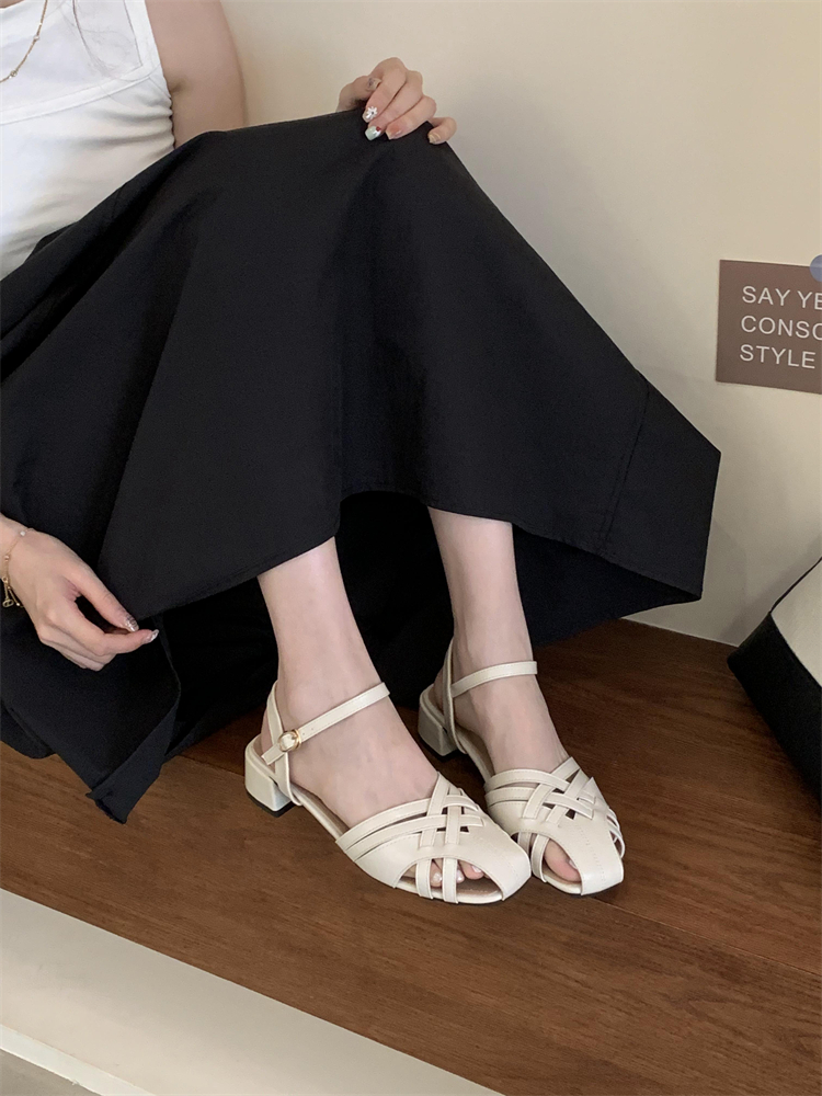 French Retro Woven Mary Jane Sandals for Women Summer Soft Chunky Heel Boho Vacation Roman Shoes