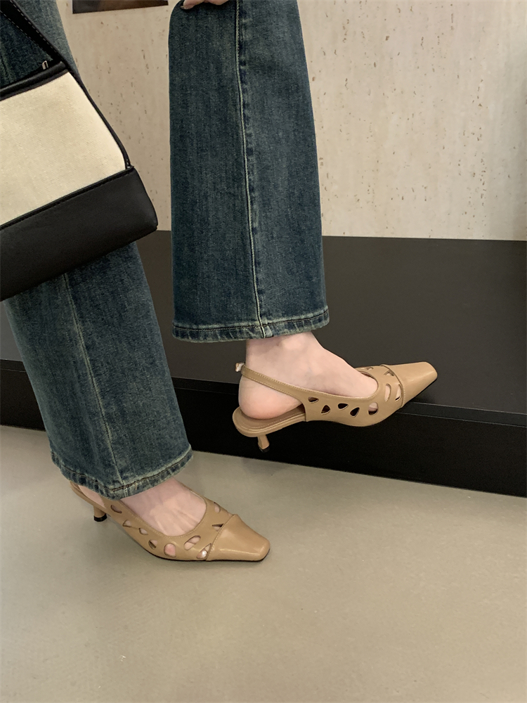French Style Khaki High Heel Peep Toe Sandals for Women 2025 Summer Thin Heel Commuter Shoes
