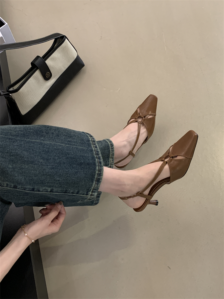 French Style Brown Boho High Heel Closed Toe Sandals for Women 2025 Summer Commuter Roman Shoes