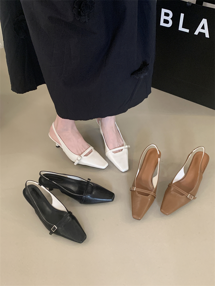 French Style Pointed Toe High Heel Sandals for Women 2025 Spring Summer New Square Toe Hollow One-Strap Ankle Strap Closed Toe Shoes