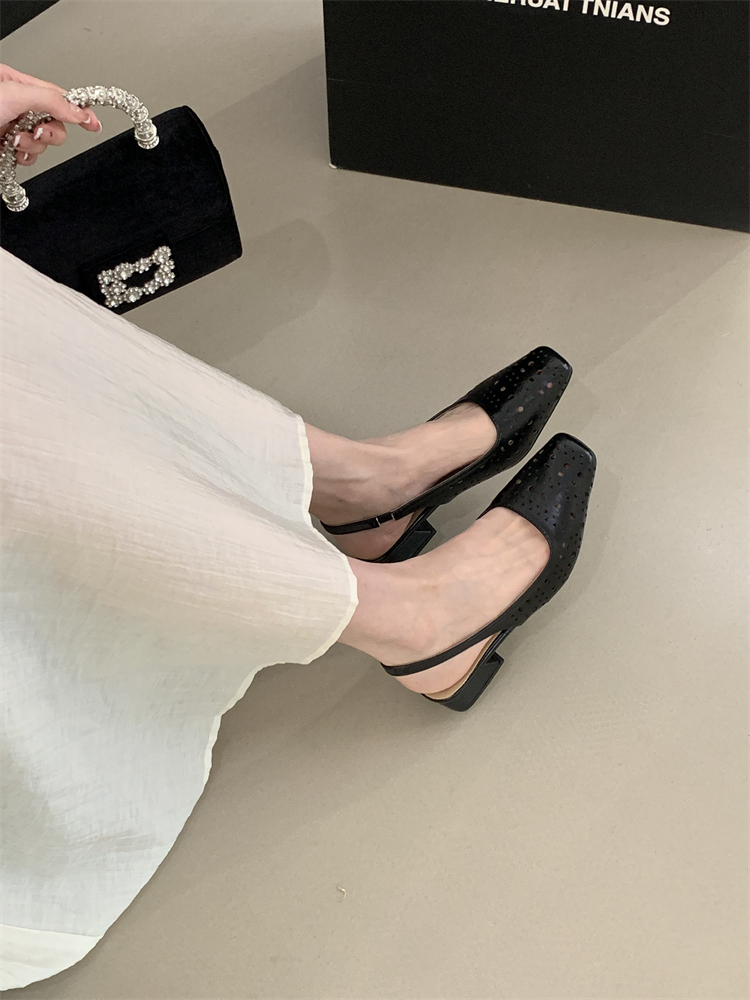 French Retro Black Commuter Low Heel Mary Jane Shoes for Women 2025 Autumn Square Toe Hollow Out PU Leather