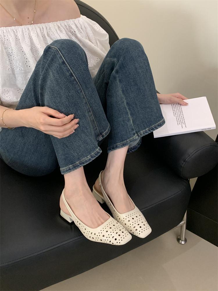 French Retro Black Commuter Low Heel Mary Jane Shoes for Women 2025 Autumn Square Toe Hollow Out PU Leather