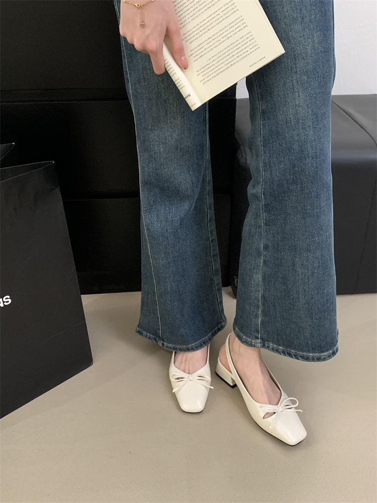 French Bow Mary Jane Heels for Women - Chunky Heel Slip-On Sandals with Back Strap, Square Toe, PU Leather, Anti-Slip, 2025 Autumn New Arrival