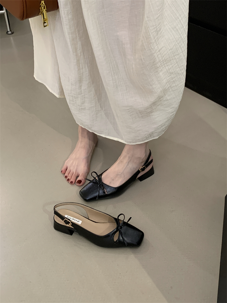 French Bow Mary Jane Heels for Women - Chunky Heel Slip-On Sandals with Back Strap, Square Toe, PU Leather, Anti-Slip, 2025 Autumn New Arrival