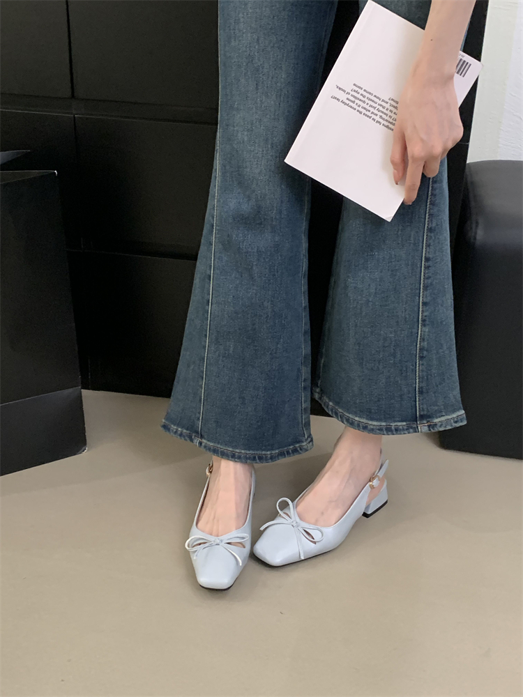 French Bow Mary Jane Heels for Women - Chunky Heel Slip-On Sandals with Back Strap, Square Toe, PU Leather, Anti-Slip, 2025 Autumn New Arrival