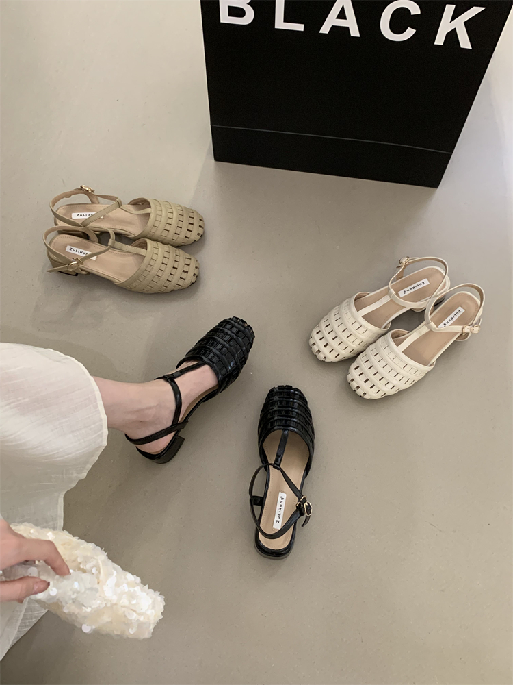 French Style Chunky Heel Roman Shoes for Women Woven Mesh Breathable Strappy Buckle Hollow Fashion Low Top Sandals