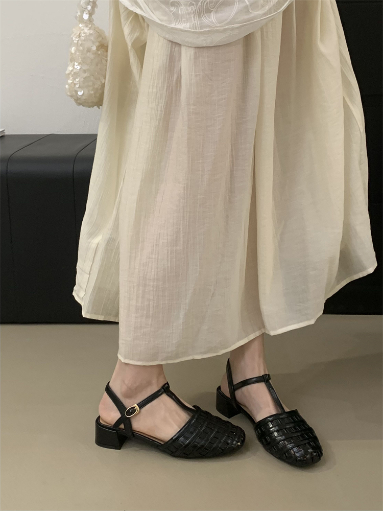 French Style Chunky Heel Roman Shoes for Women Woven Mesh Breathable Strappy Buckle Hollow Fashion Low Top Sandals