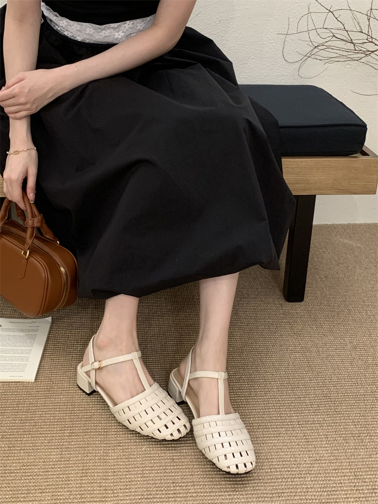 French Style Chunky Heel Roman Shoes for Women Woven Mesh Breathable Strappy Buckle Hollow Fashion Low Top Sandals