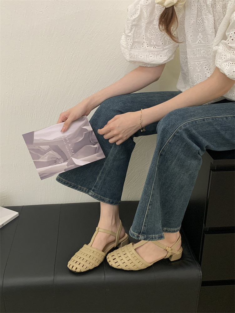 French Style Chunky Heel Roman Shoes for Women Woven Mesh Breathable Strappy Buckle Hollow Fashion Low Top Sandals