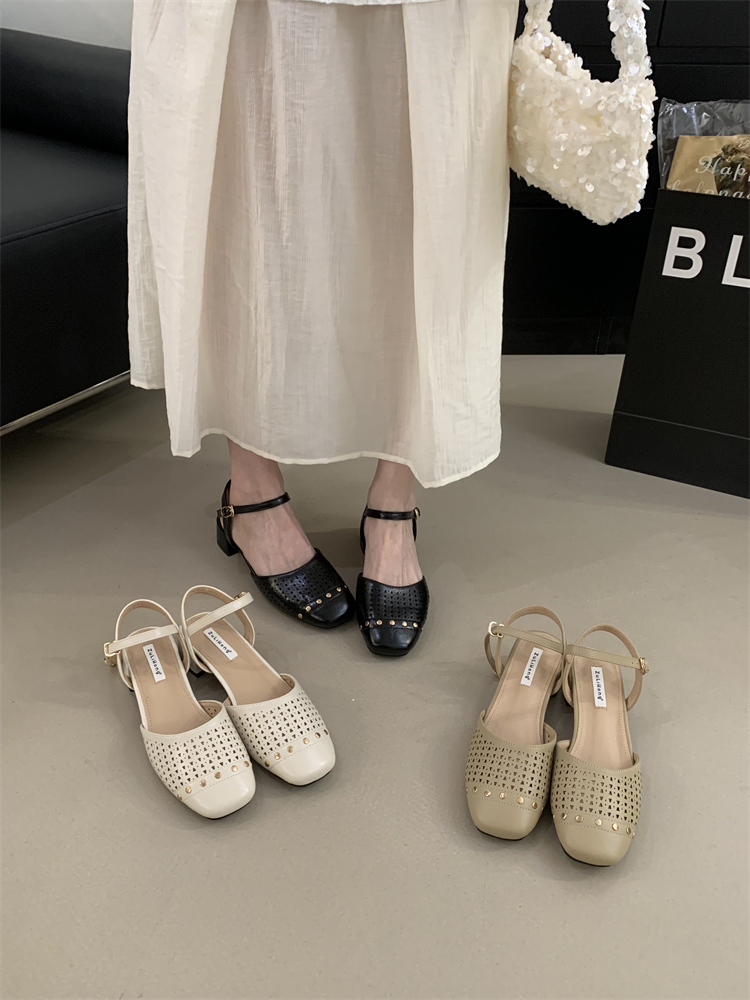 French Style Milk White Hollow Out Mary Jane Shoes for Women 2025 Summer Chunky Heel Buckle Strap Square Toe