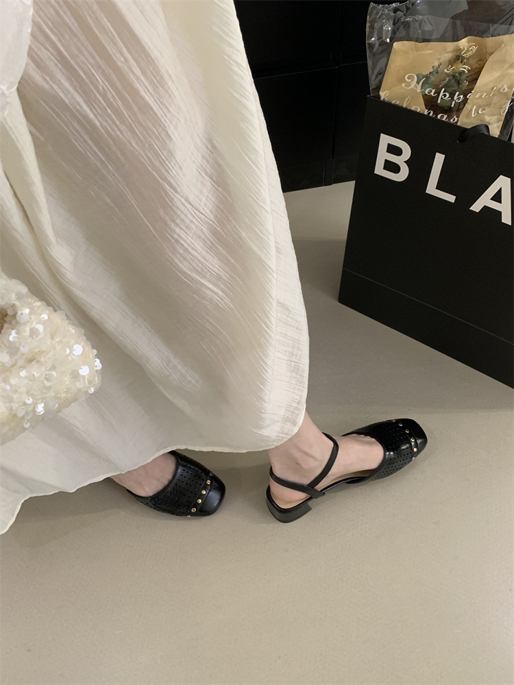 French Style Milk White Hollow Out Mary Jane Shoes for Women 2025 Summer Chunky Heel Buckle Strap Square Toe