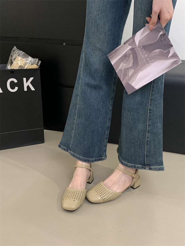 French Style Milk White Hollow Out Mary Jane Shoes for Women 2025 Summer Chunky Heel Buckle Strap Square Toe