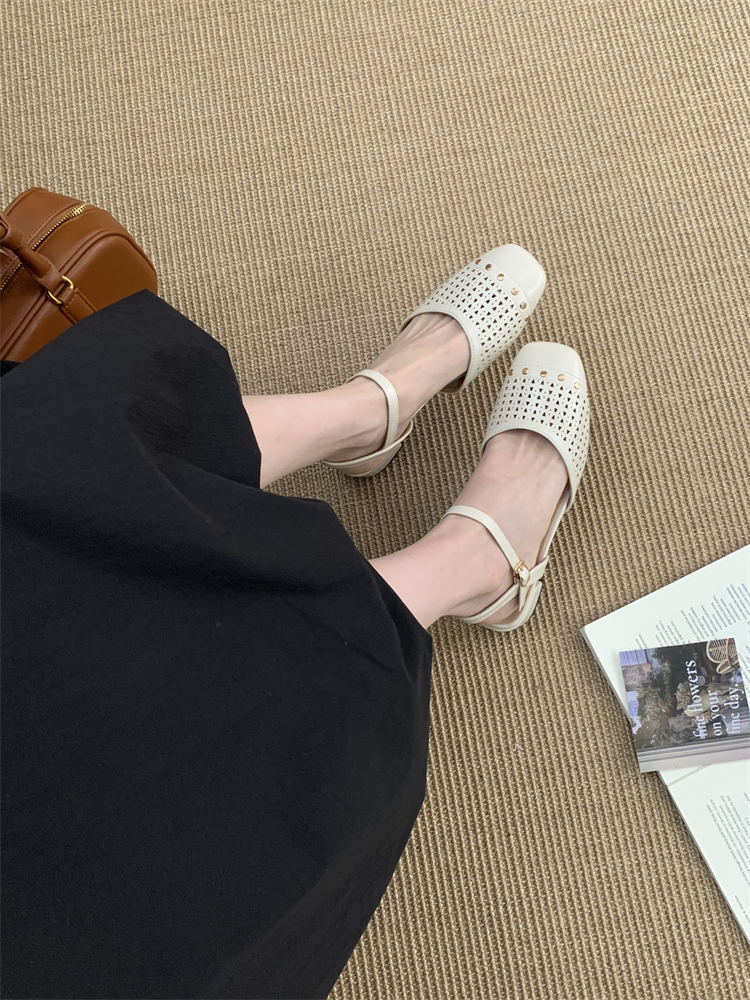 French Style Milk White Hollow Out Mary Jane Shoes for Women 2025 Summer Chunky Heel Buckle Strap Square Toe