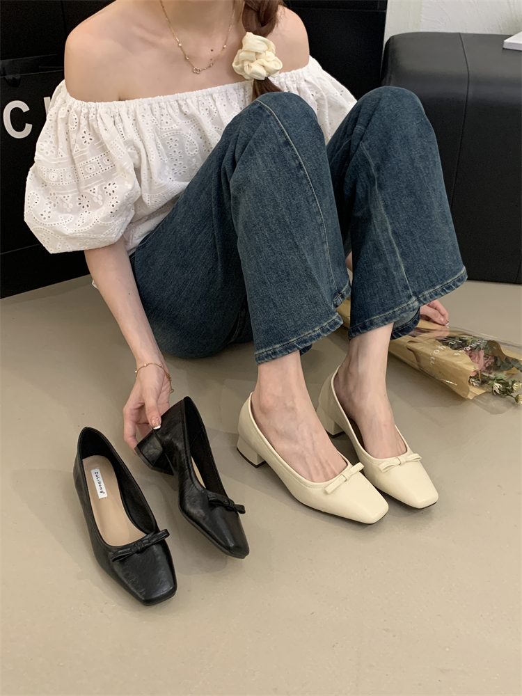 Women's Square Toe Chunky Heel Mary Jane Shoes 2025 New Bowknot Slip-On Low Heel Work Shoes
