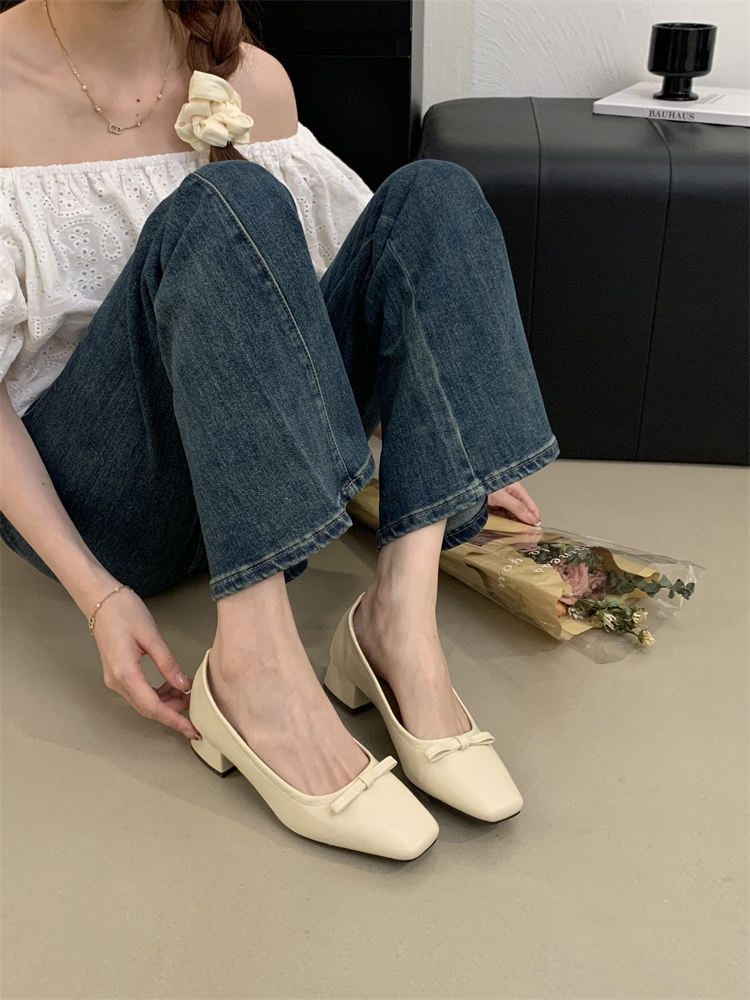 Women's Square Toe Chunky Heel Mary Jane Shoes 2025 New Bowknot Slip-On Low Heel Work Shoes