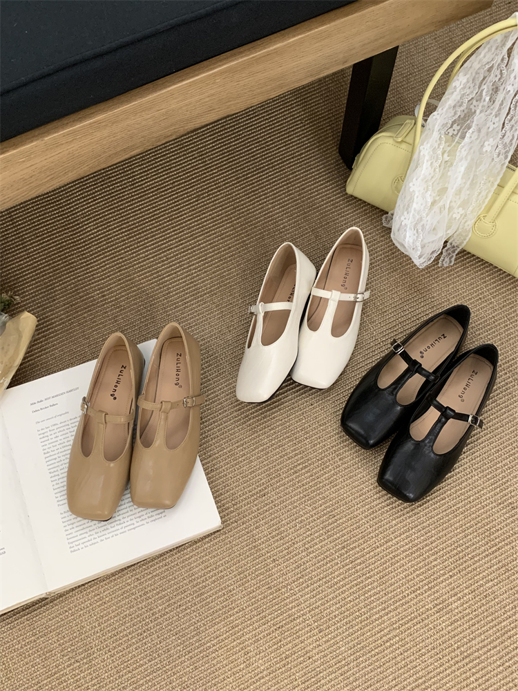 French Flat Retro Mary Jane Shoes for Women Square Toe Beige Casual Daily Comfort