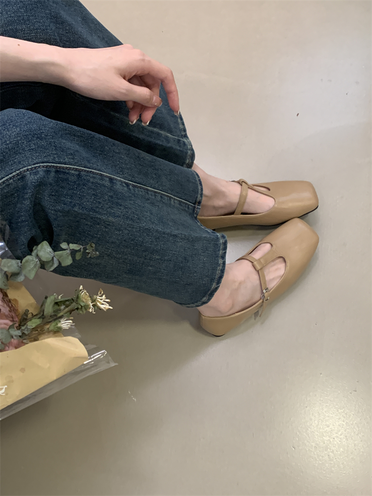 French Flat Retro Mary Jane Shoes for Women Square Toe Beige Casual Daily Comfort