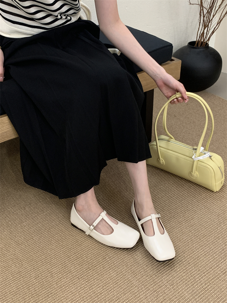 French Flat Retro Mary Jane Shoes for Women Square Toe Beige Casual Daily Comfort