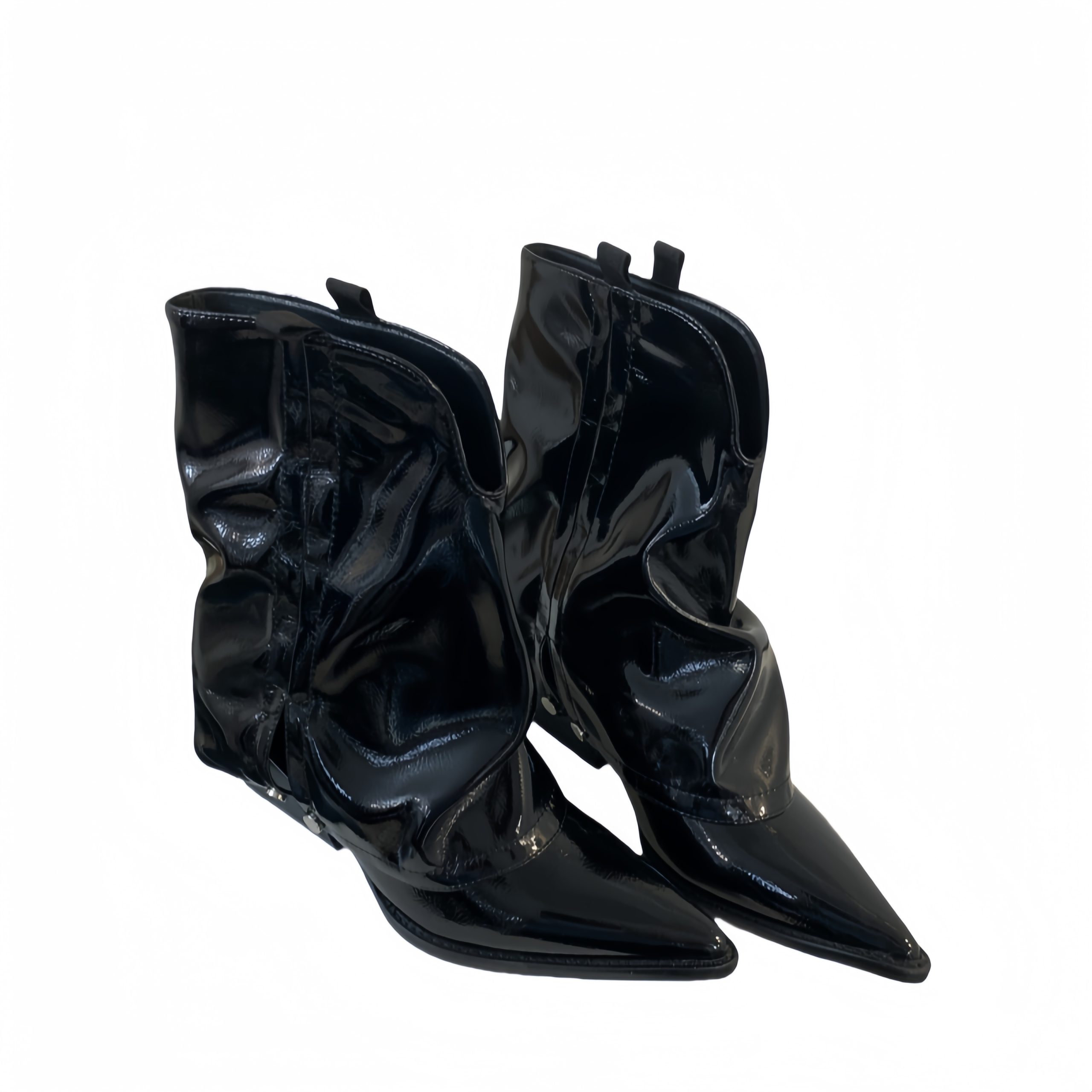 BUBUFLY Patent Leather Vintage Pointed Toe Chunky Heel Boots for Women 2025 Fall Trendy Mid Calf Pull On Boots