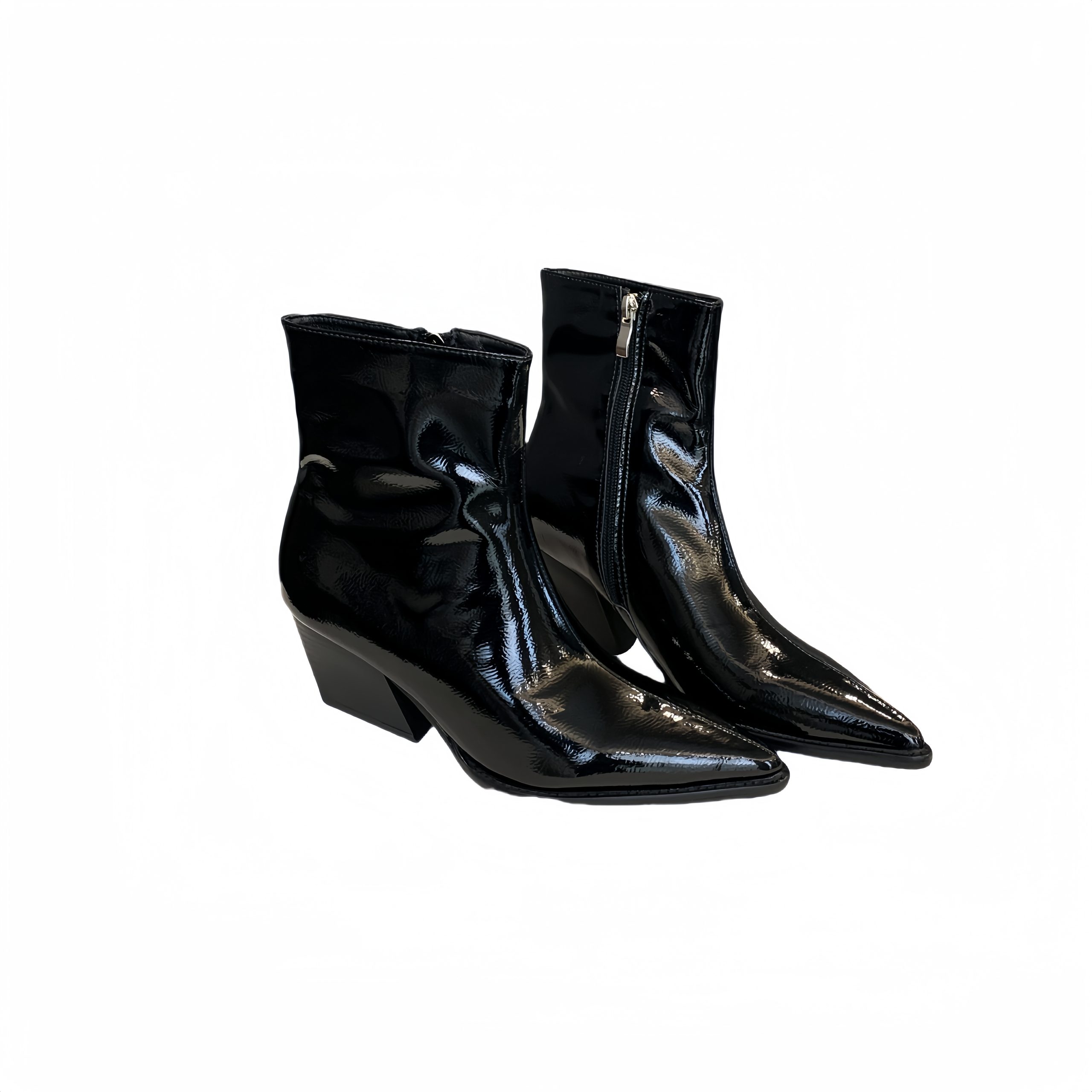 BUBUFLY Patent Leather Vintage Slim Boots Women British Style Chunky Heel Pointed Toe Chelsea Boots Fashion High Heel Short Boots