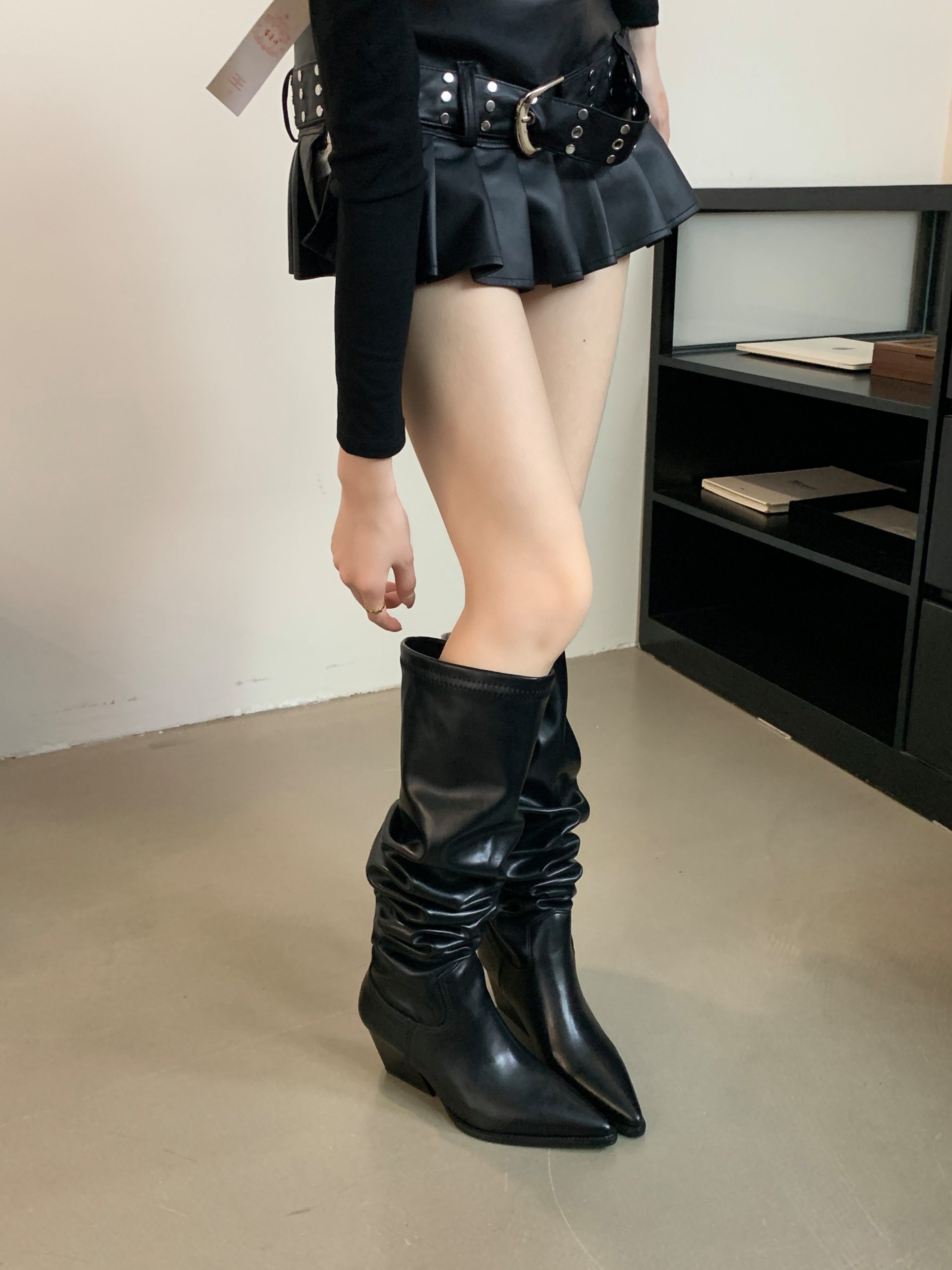 BUBUFLY Women's Over Knee High Heel Pointed Toe Leather Riding Boots Slim Sexy Black