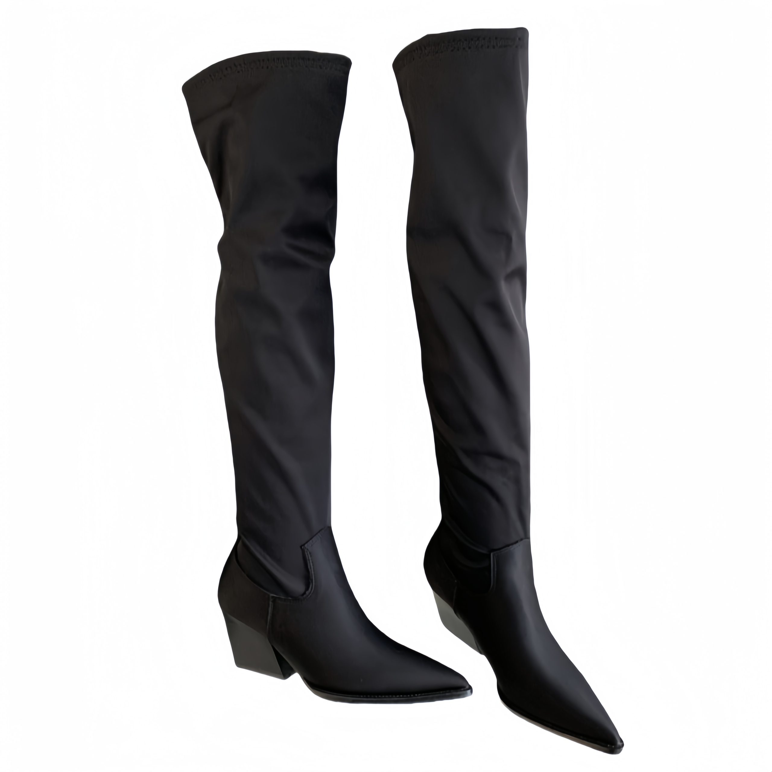 BUBUFLY Women's Over Knee High Heel Pointed Toe Leather Riding Boots Slim Sexy Black