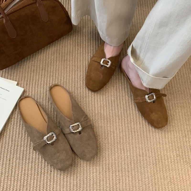 Vintage Chunky Heel Suede Closed Toe Slippers for Women Casual Loafers Slip On Flat Commuter Mules