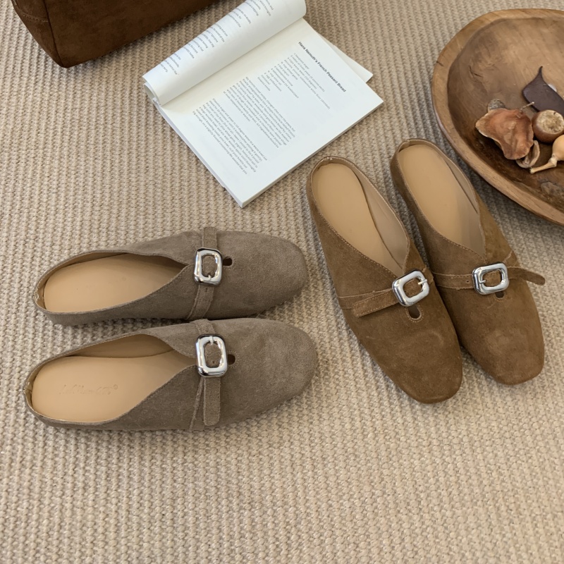 Vintage Chunky Heel Suede Closed Toe Slippers for Women Casual Loafers Slip On Flat Commuter Mules