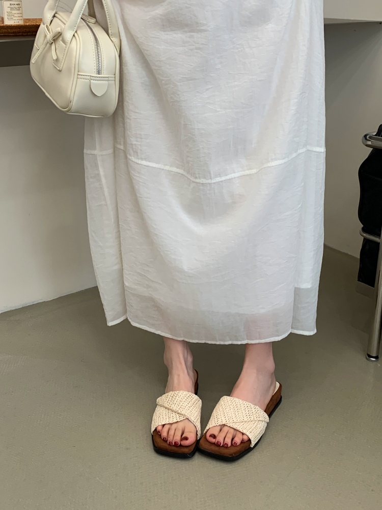 Women's Summer Hollow Woven Thick Sole Slide Sandals 2026 New French Style Beach Slippers
