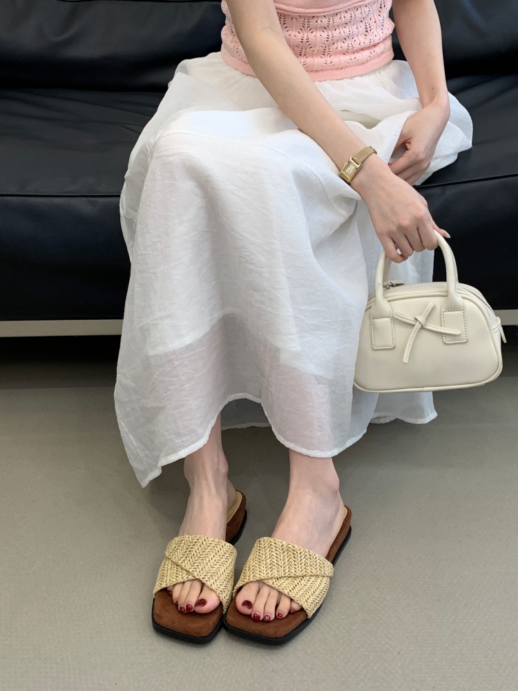 Women's Summer Hollow Woven Thick Sole Slide Sandals 2026 New French Style Beach Slippers